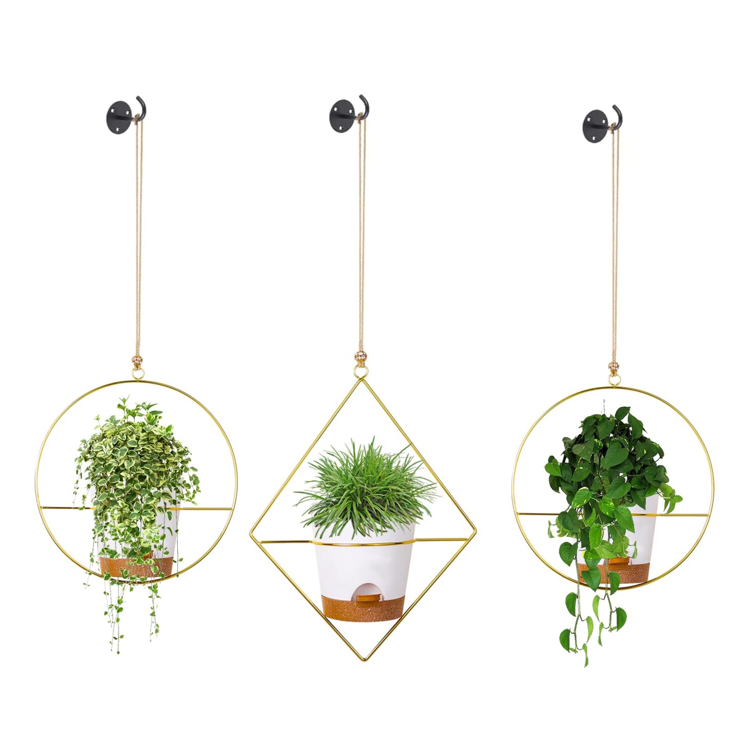 Superb Symbols 3 Pack Boho Hanging Planter with Metal Plant Hanger & Self Watering Plant Pots for Indoor Outdoor Wall Window