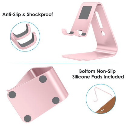 OMOTON Upgraded Aluminum Cell Phone Stand for Desk, C1 Durable Cellphone Dock with Protective Pads, Smart Stand Designed for iPhone17, 16/15/14/13 Pro Max Air, iPad mini, Android Phones,Rose Gold