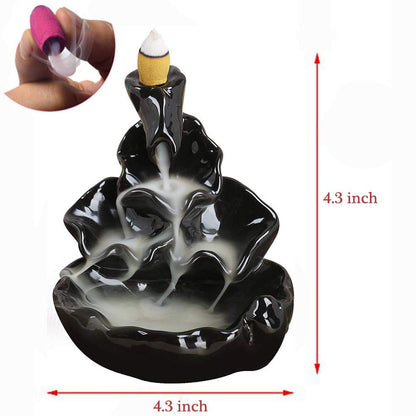 Waterfall Incense Burner Backflow Ceramic Inscents Cone Stick Holder with 10 Cool Back Flow Cones Incent Set