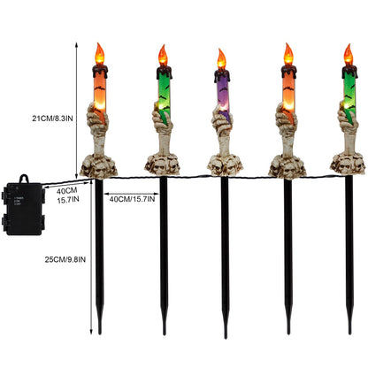 WATERGLIDE Halloween Candle Light Stakes, 5 Pack Skeleton Hands Hold Lighted Candle Pathway Makers, Waterproof Battery Operated with Timer, Light Up Figurine for Indoor Outdoor Holiday Party