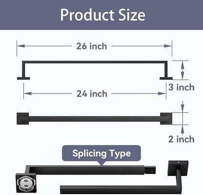 24 Inch Matte Black Towel Bar, Square Base Bathroom Towel Rack, Towel Holder Wall Mounted, Thicken SUS304 Stainless Steel Towel Rod Modern Home Decor (Total Length 26-Inch)