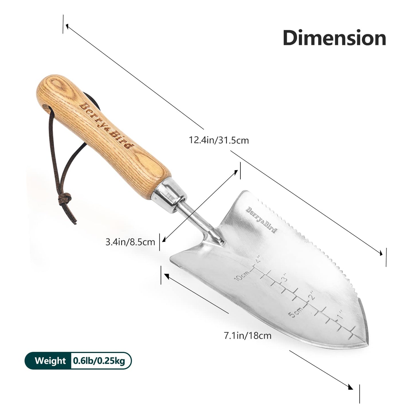 Berry&Bird Garden Serrated Planting Trowel, Multifunctional Shovel with ash Wood and Stainless Steel Digging Trowel Transplanter