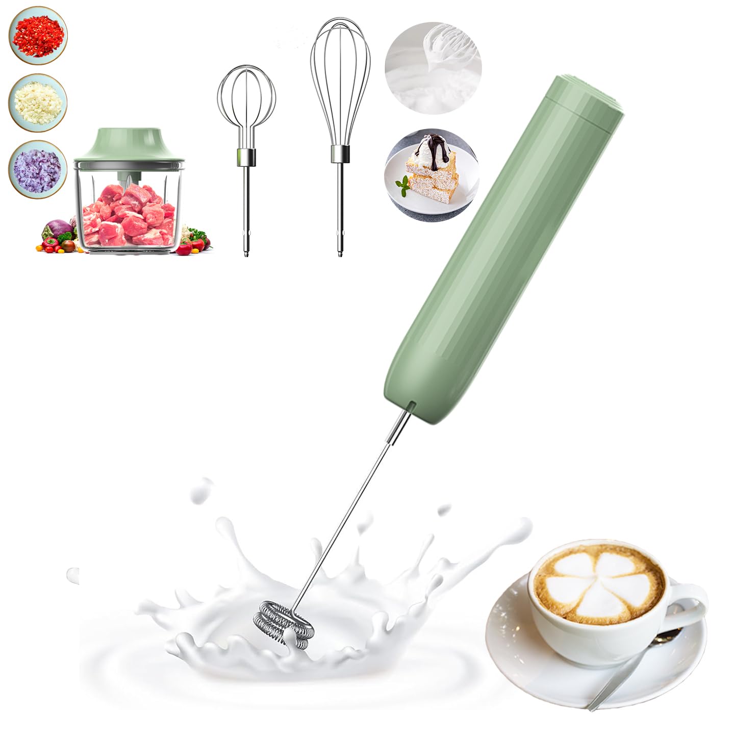 4-in-1 Electric Hand Mixer, Electric Whisk, Mini Onion Chopper 10Oz, Small Cordless Hand Blender, Milk Frother Wand for Coffee, Matcha, 4 Speed Rechargeable Food Processor for Baby Food Maker
