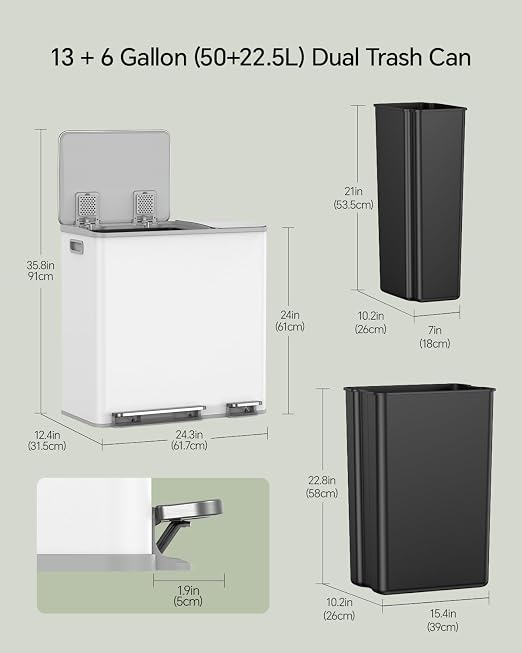 Lovewind Dual Trash and Recycling Bins for Kitchen, 13+6 Gallon Stainless Steel Garbage and Recycle Bin Combo for Large Families, Dual Trash Can with Soft Close Lid & Magnetic Stickers, White