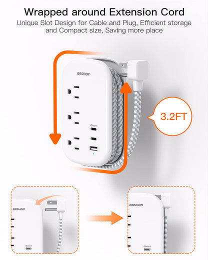 BESHON Flat Plug Power Strip, 3 Outlets with 3 USB Ports(2 USB C), Ultra Flat 3.2ft Wrapped Around Extension Cord for Cruise Ship, Travel, Dorm Room Essentials