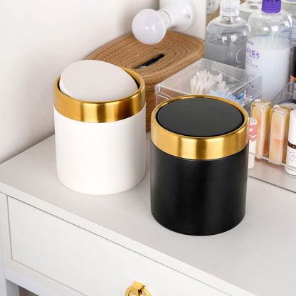 JILLICK Mini Trash Can with Lid, 1.5L / 0.4 Gal Small Metal Countertop Trash Bin with Swing Lid for Desk, Coffee Bar, Vanity, Bathroom, Office, White