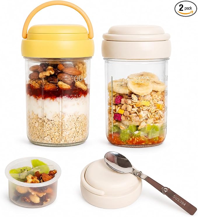 Overnight Oats Containers with Handles & Lids – 16oz Glass Mason Jars with Spoons & Fruit Compartments, Chia Pudding Jars with Lids, 2 Sets (Cream, Yellow)