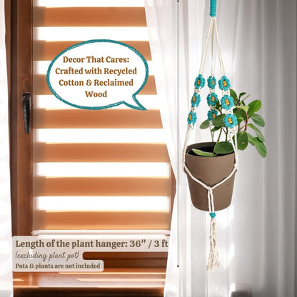 Macrame plant hanger with Daisies | Hanging plant holder | Macrame Plant hangers outdoor and indoor hanging planters Plant stand indoor Boho Decor hanging planter stand / plant shelf (Ocean Teal)