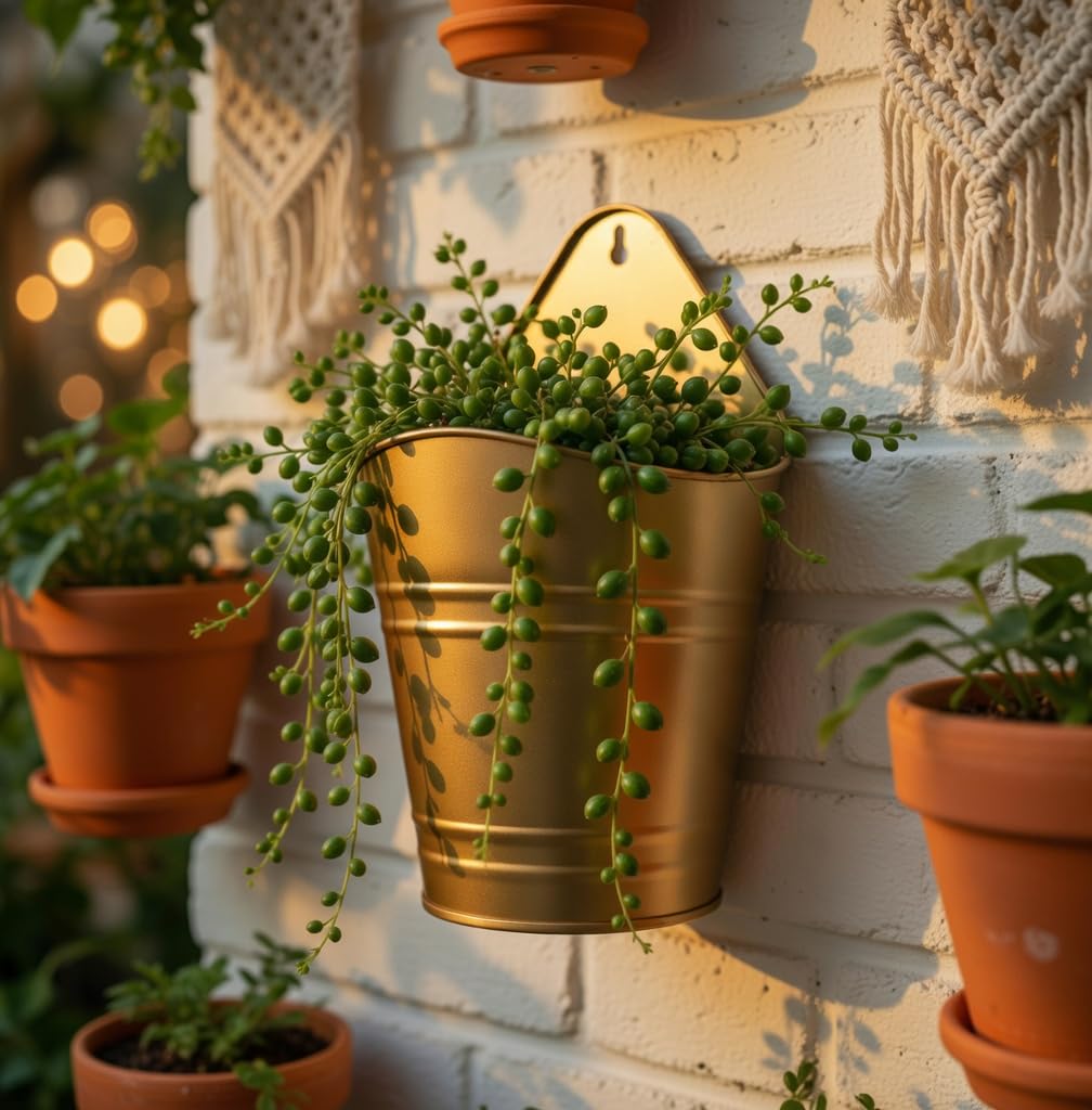 Hosley Set of 2 Gold Wall Planter with PVC Linner 6.25" L x 4" W x 10" H, Ideal Gift for Floral Arrangements Wedding Home Office Party DIY Indoor Outdoor Garden Patio