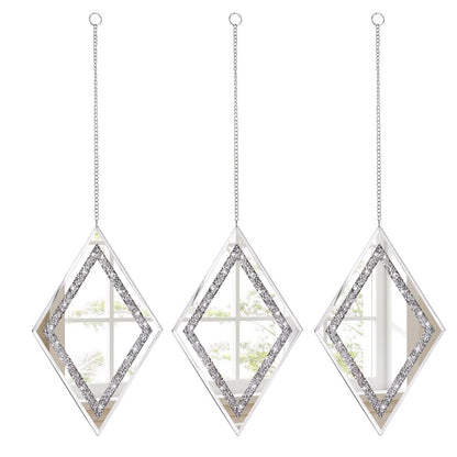 Pibeyer Silver Diamond Shaped Wall Mirror Set of 3, Decorative Crystal Crush Diamond Mirrors for Bedroom, Living Room & Hallway, Home Decor