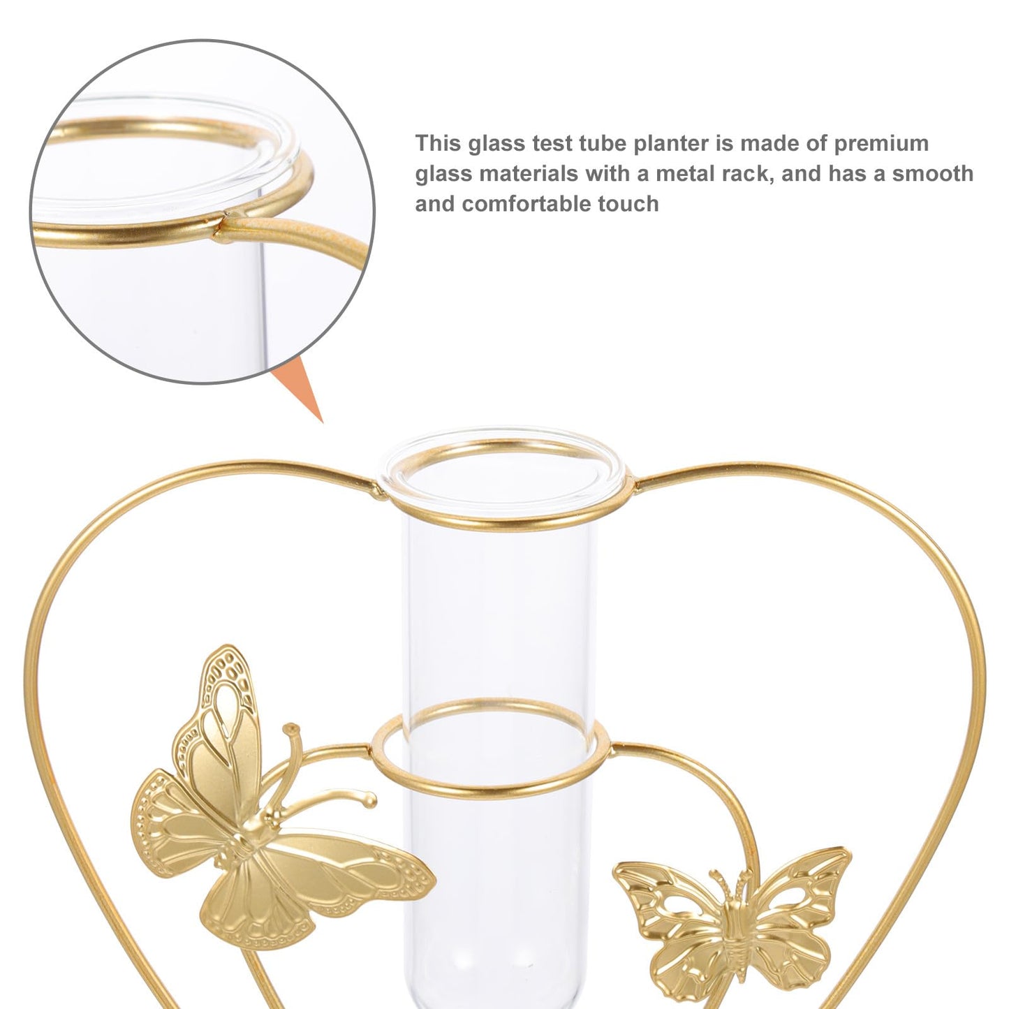 Uonlytech Metal and Glass Hydroponic Flower Vase with Butterfly Motif, Heart-Shaped Terrarium Ornament for Home Décor, Desktop Plant Holder for Living Room and Wedding Decorations