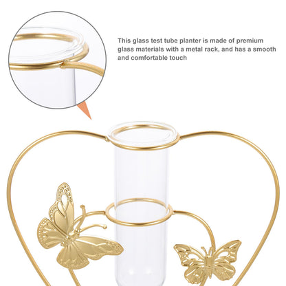 Uonlytech Metal and Glass Hydroponic Flower Vase with Butterfly Motif, Heart-Shaped Terrarium Ornament for Home Décor, Desktop Plant Holder for Living Room and Wedding Decorations
