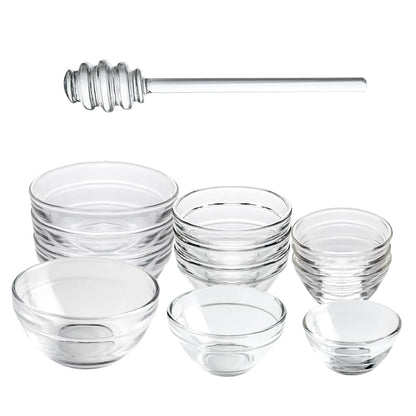 1 Pack Glass Honey Dipper, 6 Inches Clear Drizzler for Honeypot, Honeycomb Spoon Mixing Stirrer + 3 Sizes of Glass Prep Bowl Sets, Small Pinch Bowls for Salt, Spices, 1.5oz/2.5oz/3.5oz, Set of 12