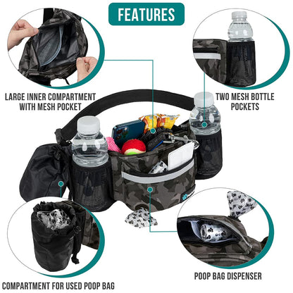 PetAmi Dog Fanny Pack, Treat Pouch for Dog Walking, Training, Built in Poop Bag Dispenser, Water Bottle Holder, Collapsible Bowl, Pet Treat Waist Belt for Hiking, Running, Kibbles (Camo Black)