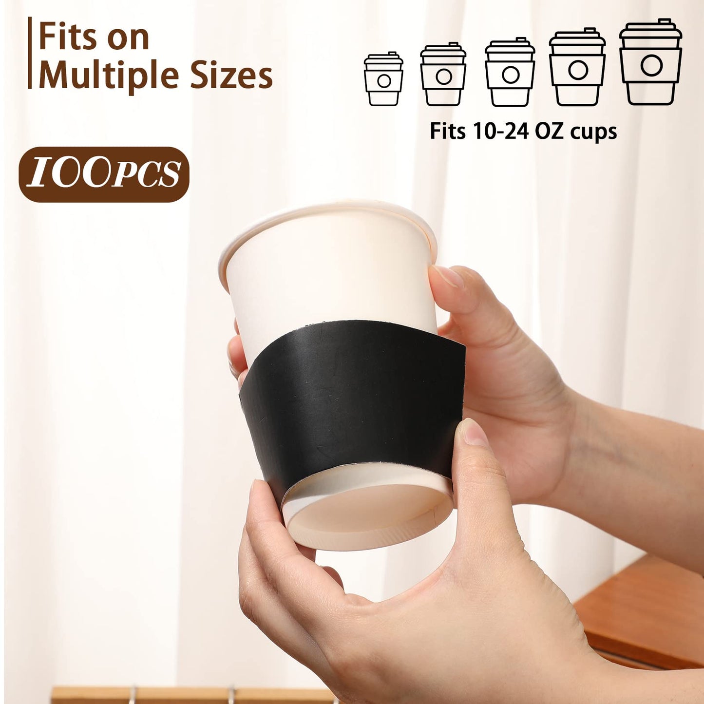 Thenshop 100 Pcs Black Coffee Sleeves Disposable Coffee Cup Sleeves Corrugated Kraft Paper Cardboard Protective Hot and Cold Insulator, Fits 12, 16, 20, 22, 24 oz Drink Beverage Cups