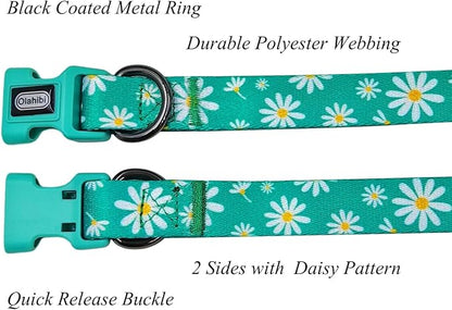 Dog Collar Leash Set, Floral Pattern, Polyester Material, Adjustable Collar and 5ft Matching Leash, for Puppy Dogs.(XS, Green Daisy)