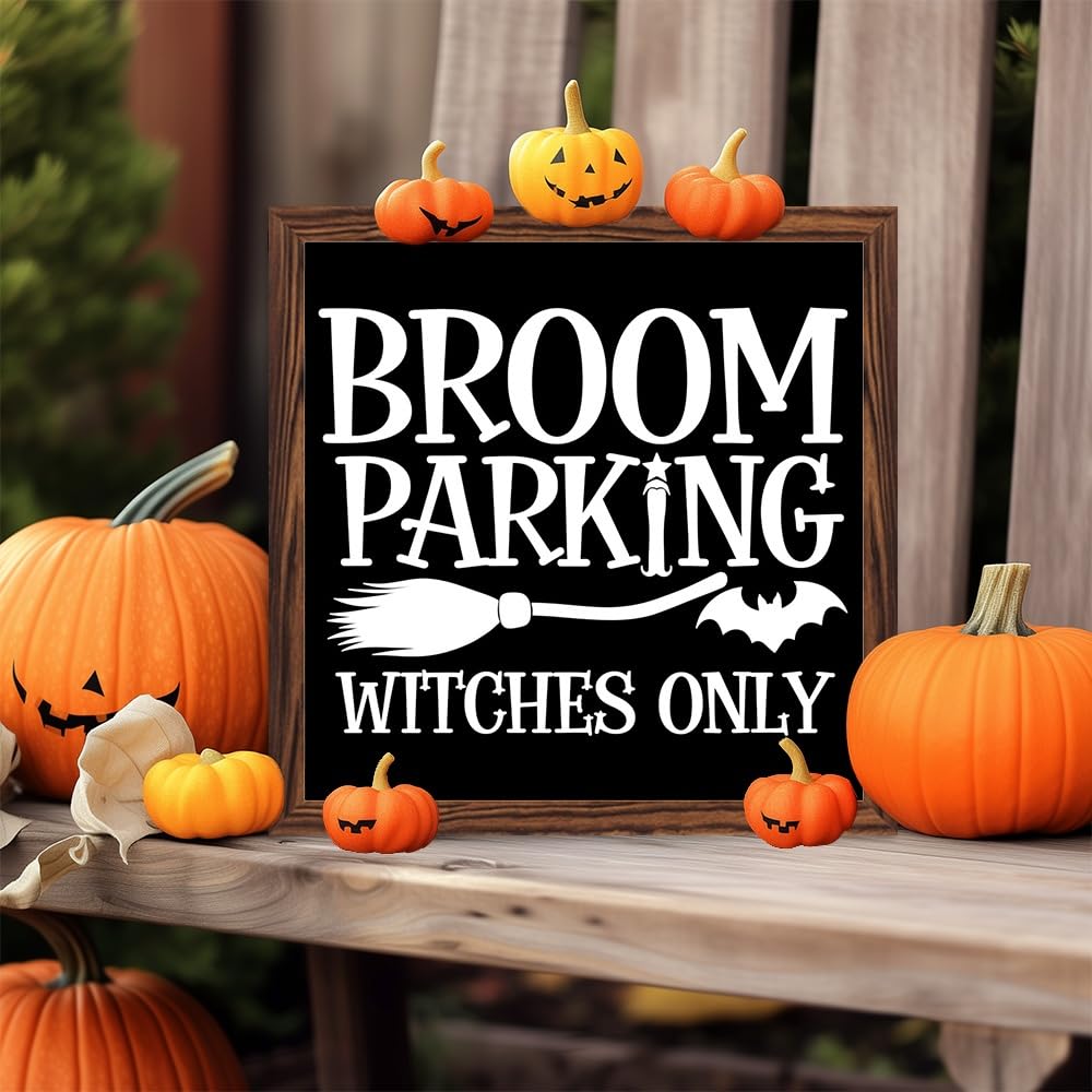 Halloween Broom Parking Only All Others Will Be Toad Wooden Sign, With Frame Witch Broom Plaque Sign for Home Patio, Cafe, Porch Halloween Decor 7.87x7.87 Inch