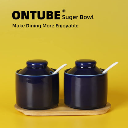 ONTUBE Ceramic Sugar Bowl with Tray and Spoon Set of 2, 8oz (Navy)