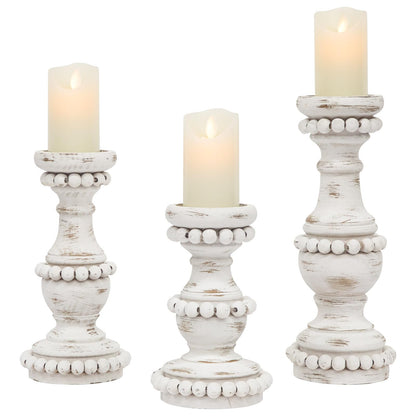JUMBO DECOR Farmhouse Large Candle Holders for Pillar Candles, Rustic Wooden Beaded Candle Holder, Perfect for Table Centerpieces, Coffee Table or Fireplace Mantel, 3 Piece Set (White)