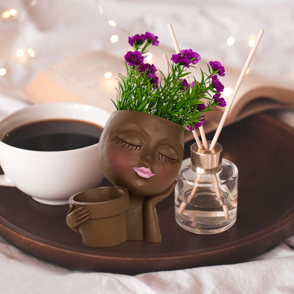 Rivonthex Face Planter Pot with Dual Compartments, Resin Lady Head Planter with Drainage Holes, 6.3 x 4.3 x 6.7 in, Two Openings 3.2 in and 2.4 in, for Succulents Indoor Outdoor, Brown