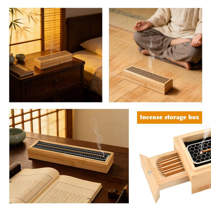 Incense Holder Burner, Coffin Double Layer Wooden Ash Catcher with Storage Drawer & Lid, Includes Zen Brush and Incense Stand for Meditation, Yoga Room, Home, Office