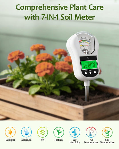 Jxikatx 7-in-1 Soil Test Kit, Soil Moisture Meter/pH Meter/Light Intensity/Fertility/Air & Soil Hygrometer Temperature with Large Dual Display for Garden,Lawn, Farm, Indoor Outdoor Plants-Warm White
