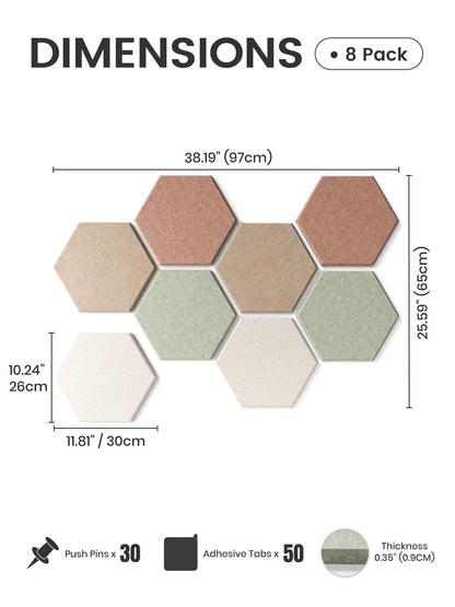 Fluxynara Hexagon Cork Board Alternative for Walls Decor-8-Pack Felt Bulletin Board Tiles,with 30 Pushpins,50 Adhesive Tabs for Office,Classrooms & Home Pin Board Felt Board-Boho
