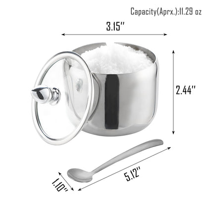 IBWell 10oz Sugar Bowl with Clear Lid and Spoon 2 Pack Silver Coffee Bar Containers for Kitchen Stainless Canister for Seasoning