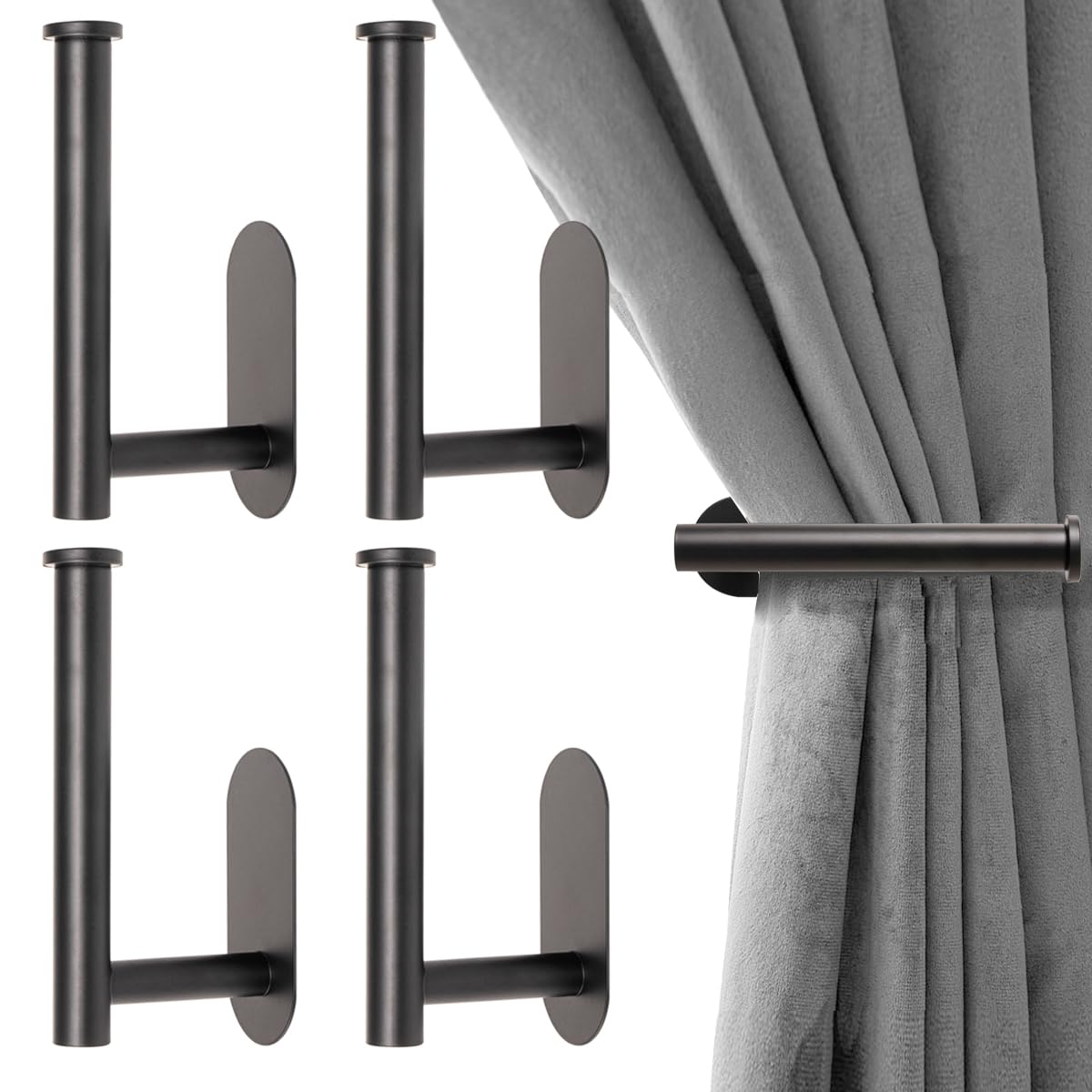Metal Curtain Holdbacks - Self-Adhesive Curtain Pull Backs, Curtain Hooks - No Drill Curtain Drapery Tiebacks Holders for Windows, Doors - Multi-Purpose Hooks for Home - Set of 4