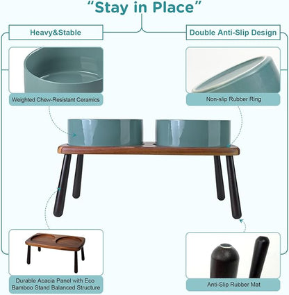 SPUNKYJUNKY Ceramic Elevated Dog Bowls Raised with Acacia Bamboo Wooden Stand, 8.3'' Dog Food Water Bowls Set Non-Slip for Medium Large Sized Breed Microwave Dishwasher Safe - 60 OZ,Dark Green