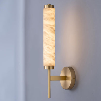 Modern Alabaster Wall Sconce, 18.9" Brass Wall Mounted Light Fixture with Cylindrical Natural Marble Shade, 3000K, LED Warm Light, Marble wall light for Bathroom Vanity, Bedroom, Living Room (Gold)