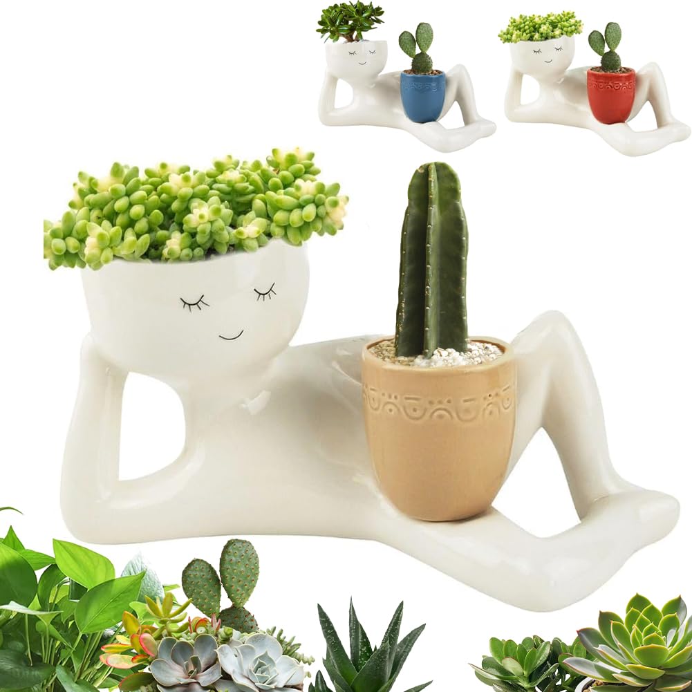 Lazy Guy Planter, Lazy Little Character Flowerpot, Relaxing Person Holding Pot Planter, Funny Plant Pots Unique Shape Pot for Succulents Cactus with Drainage Hole for Home Garden Decor (Yellow)