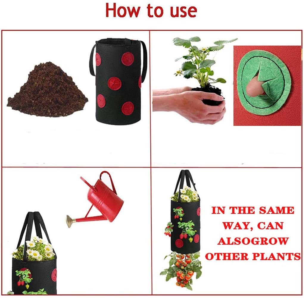 4 Pcs Hanging Strawberry Planter Bags 3 Gallon Upside Down Strawberry Planter and 4 Hooks, Sturdy Hanging Handle Thickened Breathable Felt Cloth for Herb Tomato Hot Peppers Vegetables (4Pcs 3Gal)