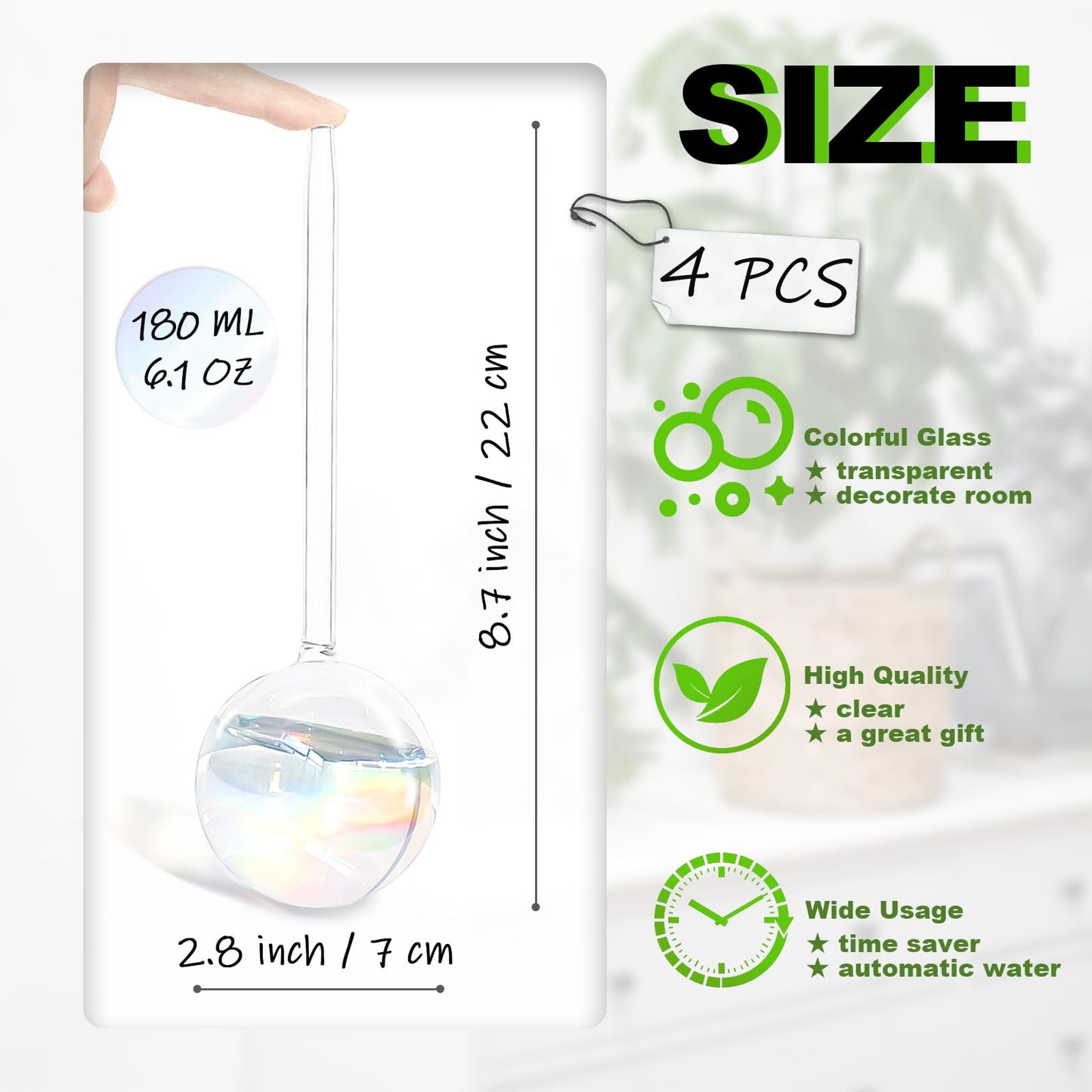Pynqdfu 4 Pcs Plant Watering Globes,Rainbow Gradient Glass Watering Devices,Self Watering Planter Insert Plant Accessories for Indoor,Outdoor,Flowerpot,Hanging Plants,Home Garden,8.7" L×2.8" D