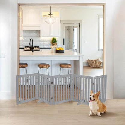 unipaws 24”H Free Standing Pet Gate for Dogs and Cats, Wooden Dog Gates for Doorway, Stairs, Dog Room Divider, Step Over Foldable Pet Fence for The House, Expandable Barrier, Indoor Use, Grey
