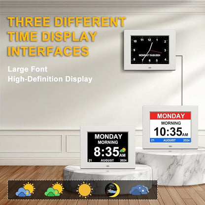 8‘’ Digital Calendar Day Clock, Gifts for People with Dementia Alzheimers, Large Display Alarms Clock for Seniors Electric Clocks with Date Day of Week 12 Alarms 4 Colors Auto DST/Dimmer