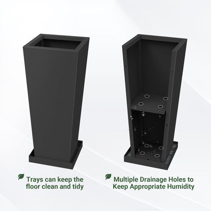 Toriexon Metal Tall Outdoor Planters Set of 2, 24 inch Durable Tall Planters with Rust-Proof Coating & Drainage Insert Shelve & Trays, Black Outdoor Planters for Porch, Garden, Patio, Yard