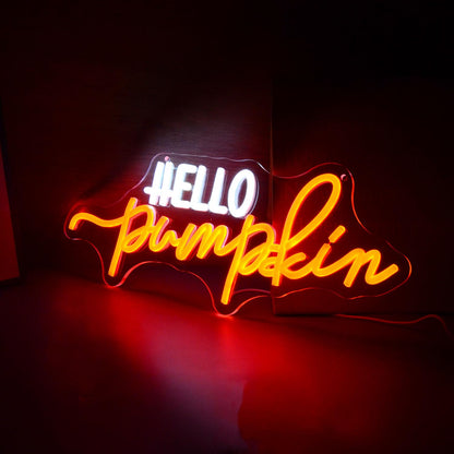 Hello Pumpkin Neon Light Sign Fall LED Wall Decor with Glowing Orange Pumpkin Neon Signs for Autumn Thanksgiving Halloween or Spooky Party Decoration - Home Bar Café Window Light