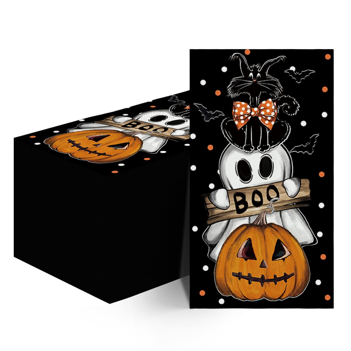 Horaldaily 100 Halloween Disposable Paper Decorative Guest Napkins, Orange Jack-O-Lantern Pumpkin Dots Ghost Cat Hand Towel for Party Lunch Dinner Kitchen Bathroom