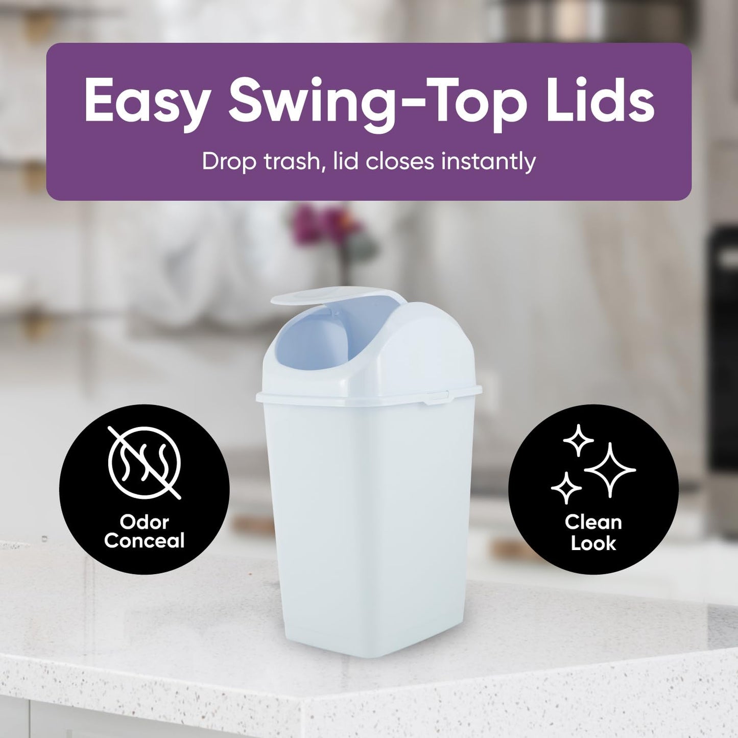 Superio Mini 1.25 Gallon and Small 2.5 Gallon Plastic Trash Cans with Swing Top Lid, Grey Waste Bin for Countertop, Desk, Vanity, Bathroom, 2 Pack (White)