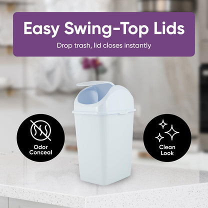 Superio Mini 1.25 Gallon and Small 2.5 Gallon Plastic Trash Cans with Swing Top Lid, Grey Waste Bin for Countertop, Desk, Vanity, Bathroom, 2 Pack (White)