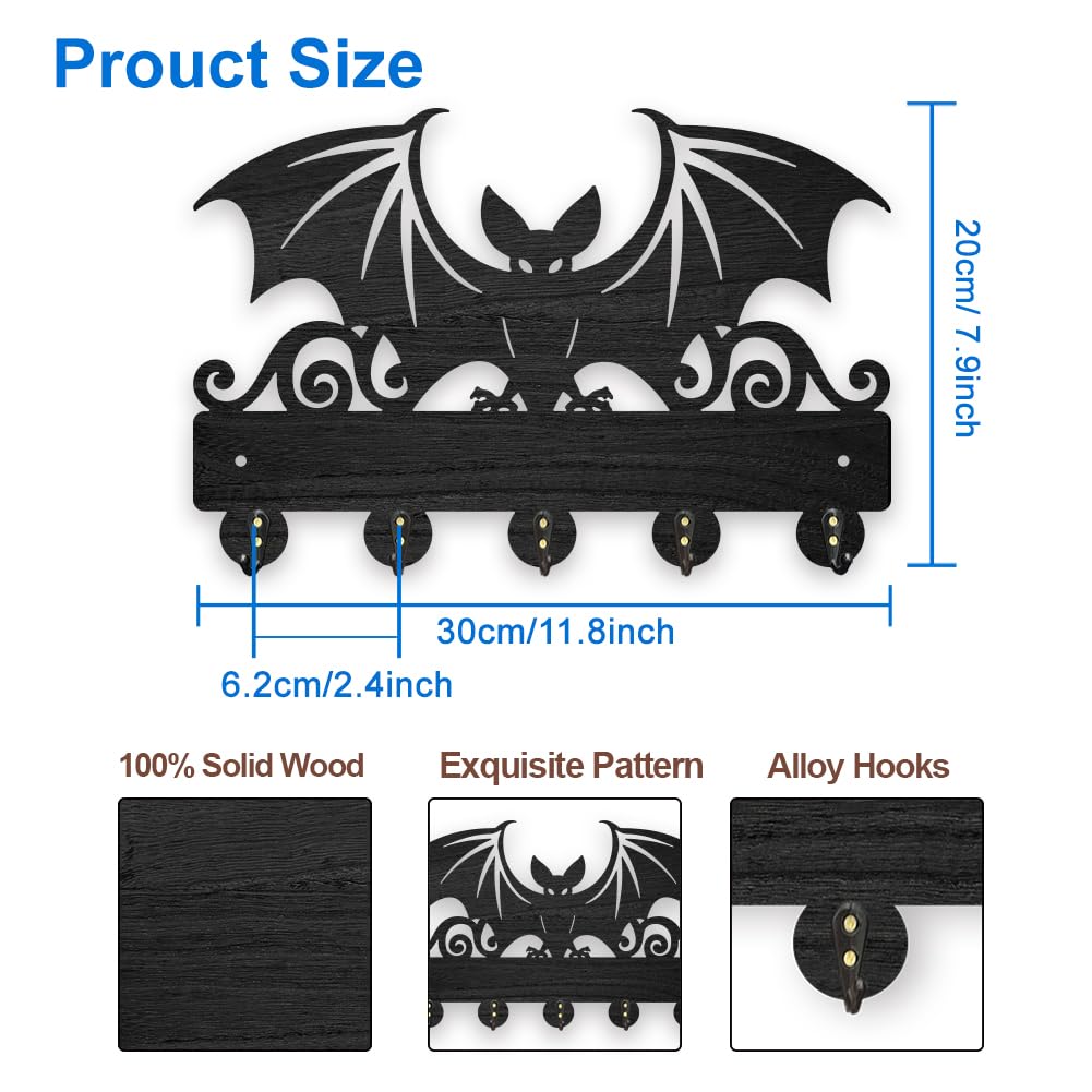 MAYJOYDIY Wood Bat Wall Key Hook Halloween Animal Theme Key Holder 11.8x7.9in Wall Art Decor Black Key Rack Organizer 5 Alloy Hooks for Gift, Hallway, Home Decor, Bag, Towel Hanging