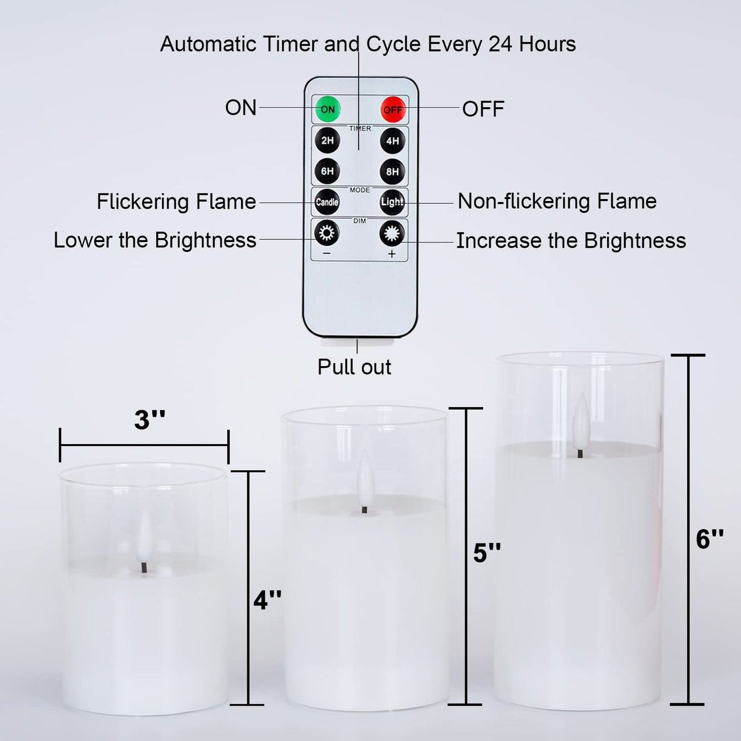 Amagic Clear Glass Flameless Candles Battery Operated with Timer, Remote Control, LED Pillar Candles, Battery Powered, Valentine's Day Decor, Pure White Wax, Set of 3