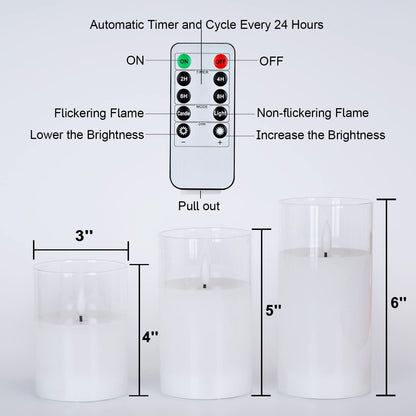 Amagic Clear Glass Flameless Candles Battery Operated with Timer, Remote Control, LED Pillar Candles, Battery Powered, Valentine's Day Decor, Pure White Wax, Set of 3