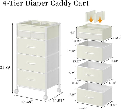 4-Tier Baby Diaper Caddy Organizer Cart with 3 Storage Drawers, Rolling Cart with Dividers & Side Pockets for Nursery, Baby Essentials, Toys, Wipes & Creams, Portable Kids Storage Cart & Station