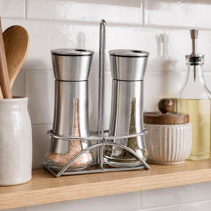 Aelga Salt and Pepper Shakers with Holder, Salt Shaker for the Kitchen with Adjustable Pour Holes for Himalayan, Kosher, and Sea Salts