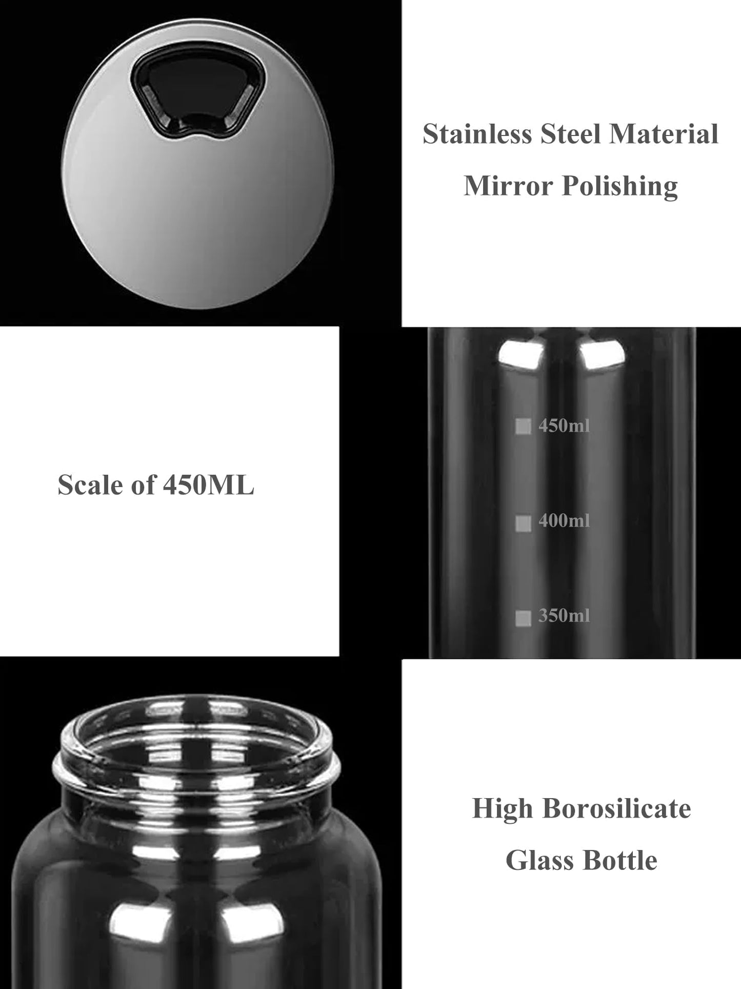 15 oz Glass Salt and Pepper Shaker Set with 304 Stainless Lid Adjustable Pour Holes Spice Jars Dispenser Seasoning Cans for Kitchen Decor and Home Restaurant Kitchen Accessories (2 Pcs, 450 ML)