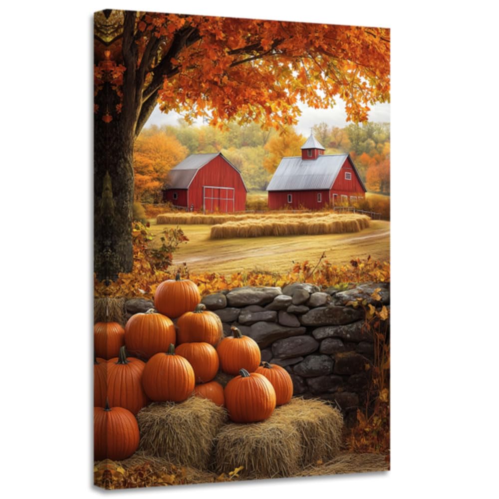 CGXLB Autumn Pumpkin Patch Wall Art Rustic Farmhouse Paintings Barn Harvest Picture Countryside Seasonal Canvas Prints Fall Decor for Living Room Dining Room 12"x18"