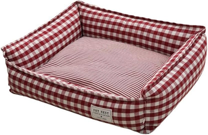 Orthopedic Rectangle Dog Bed for Medium Small Dogs, Plaid Plush Modern Puppy Sofa Bed with Anti-Slip Bottom, Cute Calming Pet Bed(Red,X-Large)