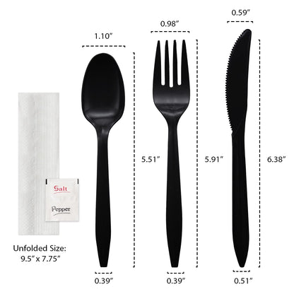 Party Essentials Individually Wrapped Plastic Cutlery Kits/Silverware Packets, 250 Sets, Black Fork/Spoon/Knife/Napkin/Salt/Pepper